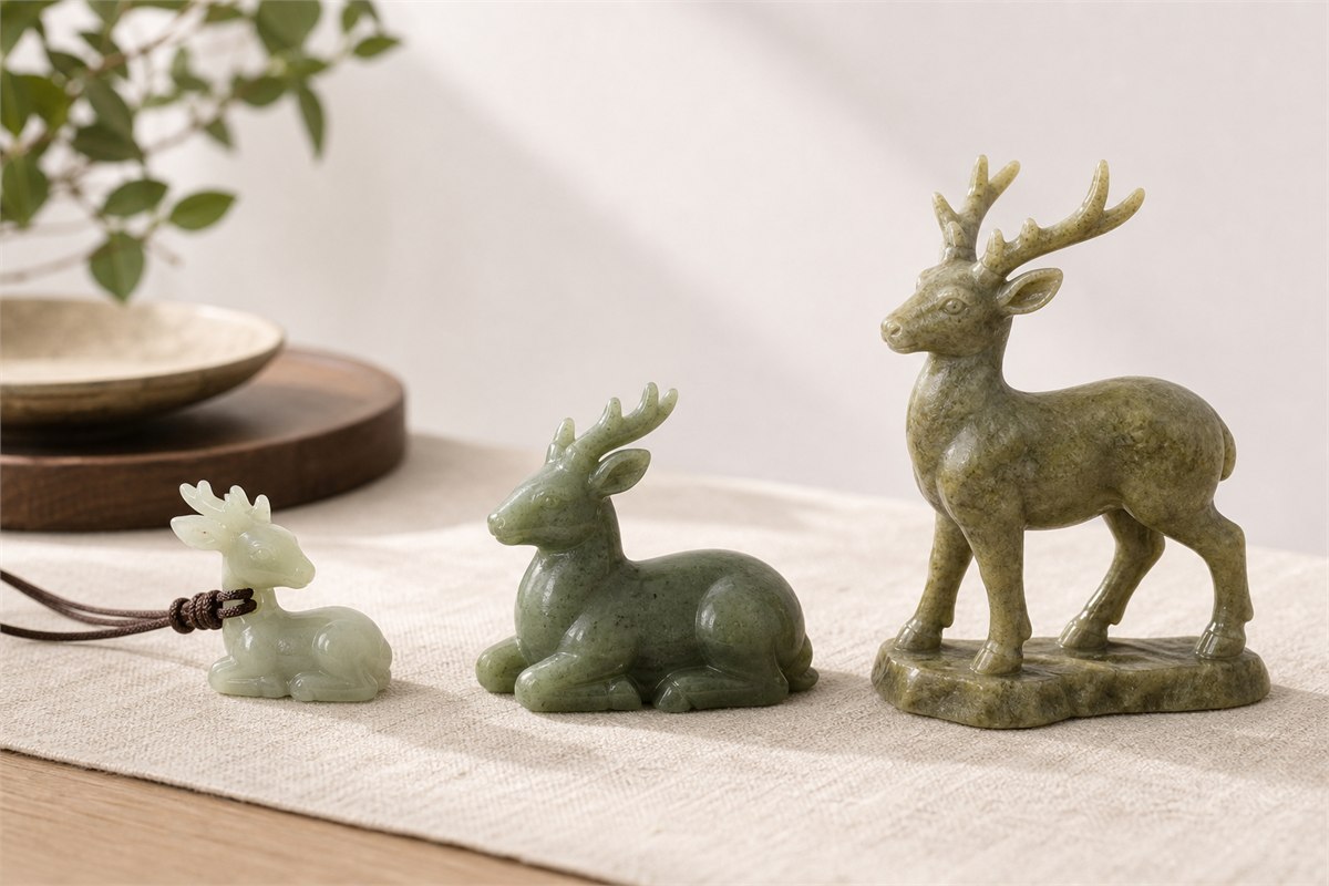 Small deer pendant, palm-sized carving, and freestanding jade deer arranged by use