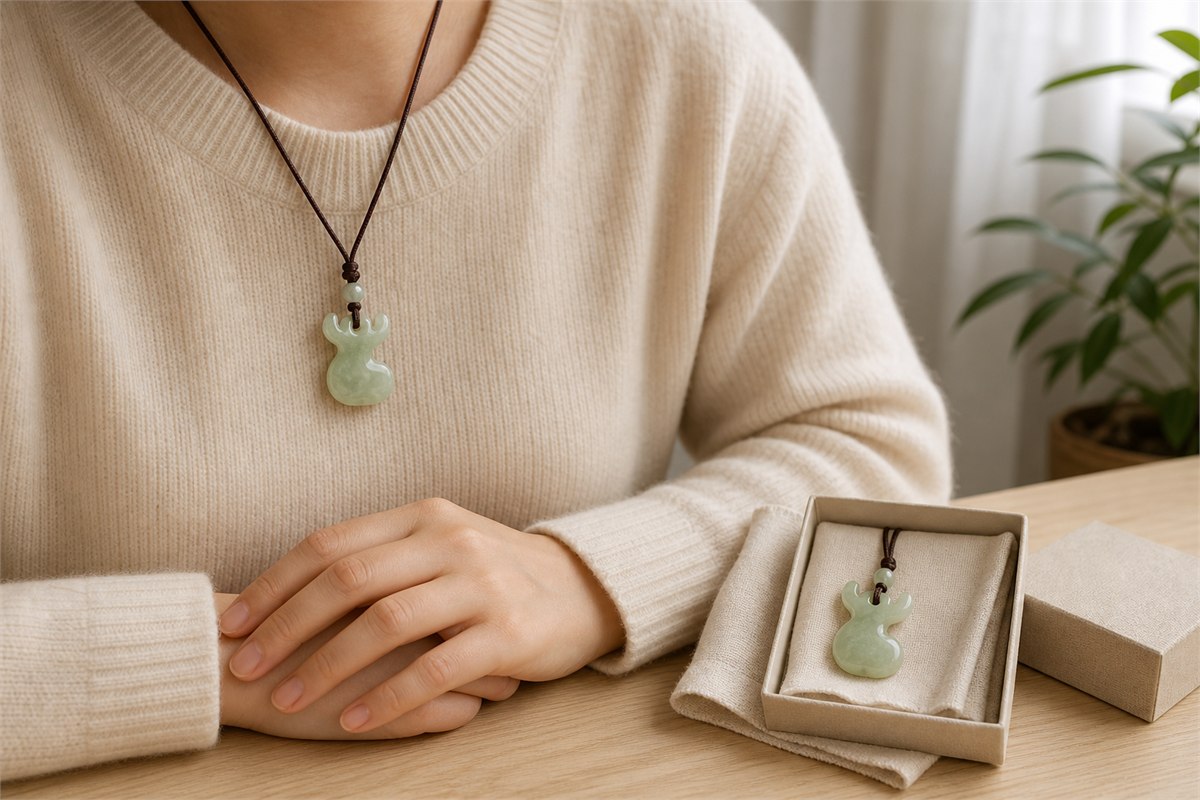 Person wearing a small rounded jade deer pendant beside a gift box with another deer carving