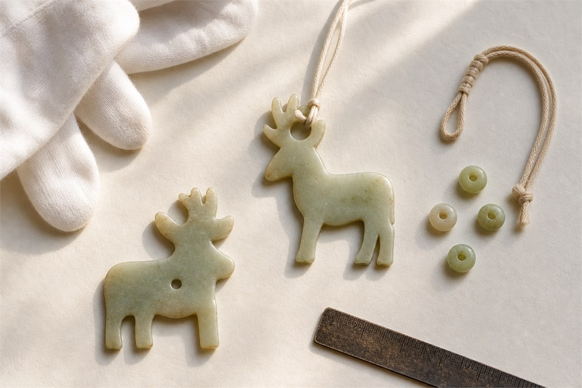 Two flat jade deer pendants with visible holes, cord, beads, gloves, and a measuring rule