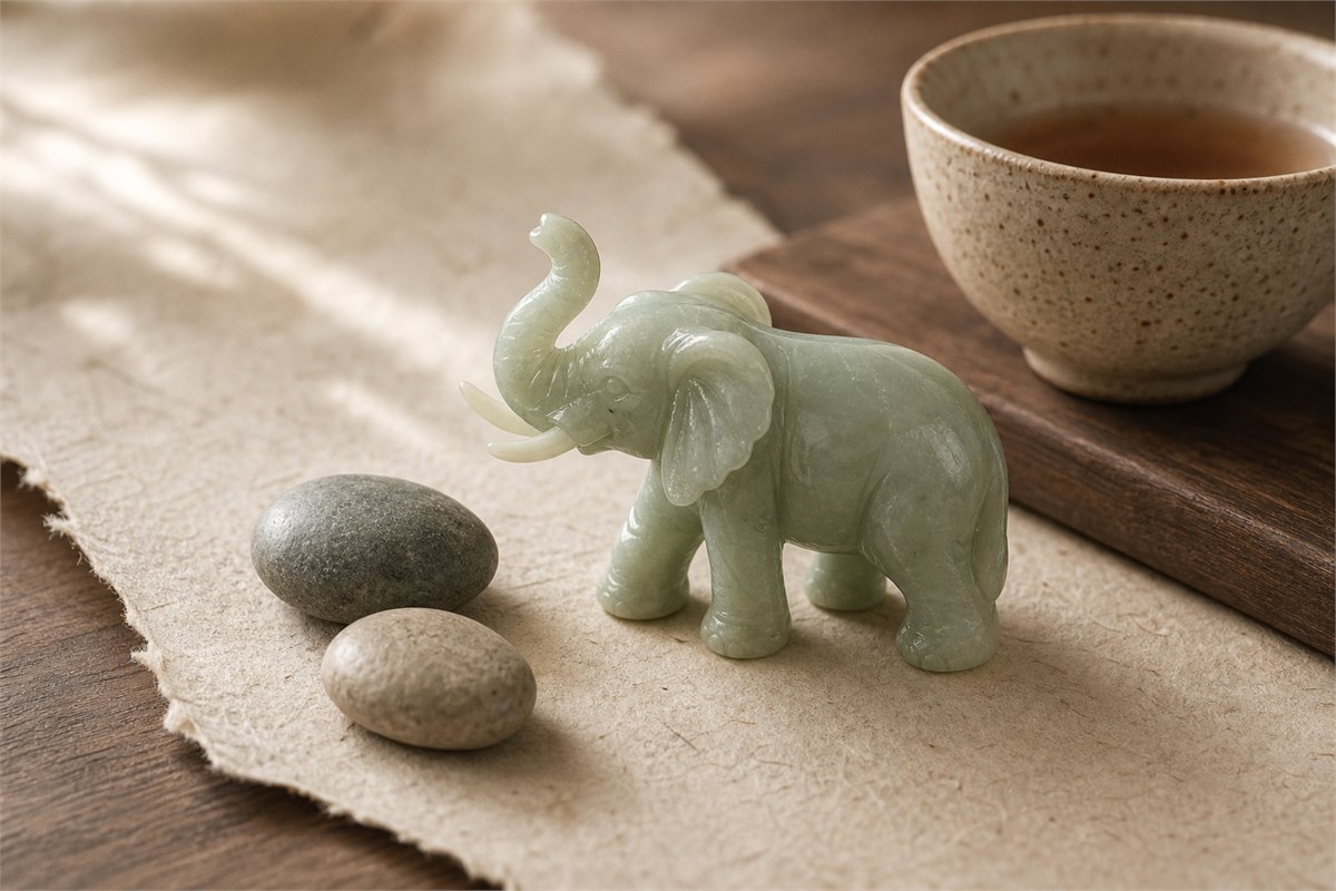 Pale jade elephant carving with river stones and a ceramic tea cup