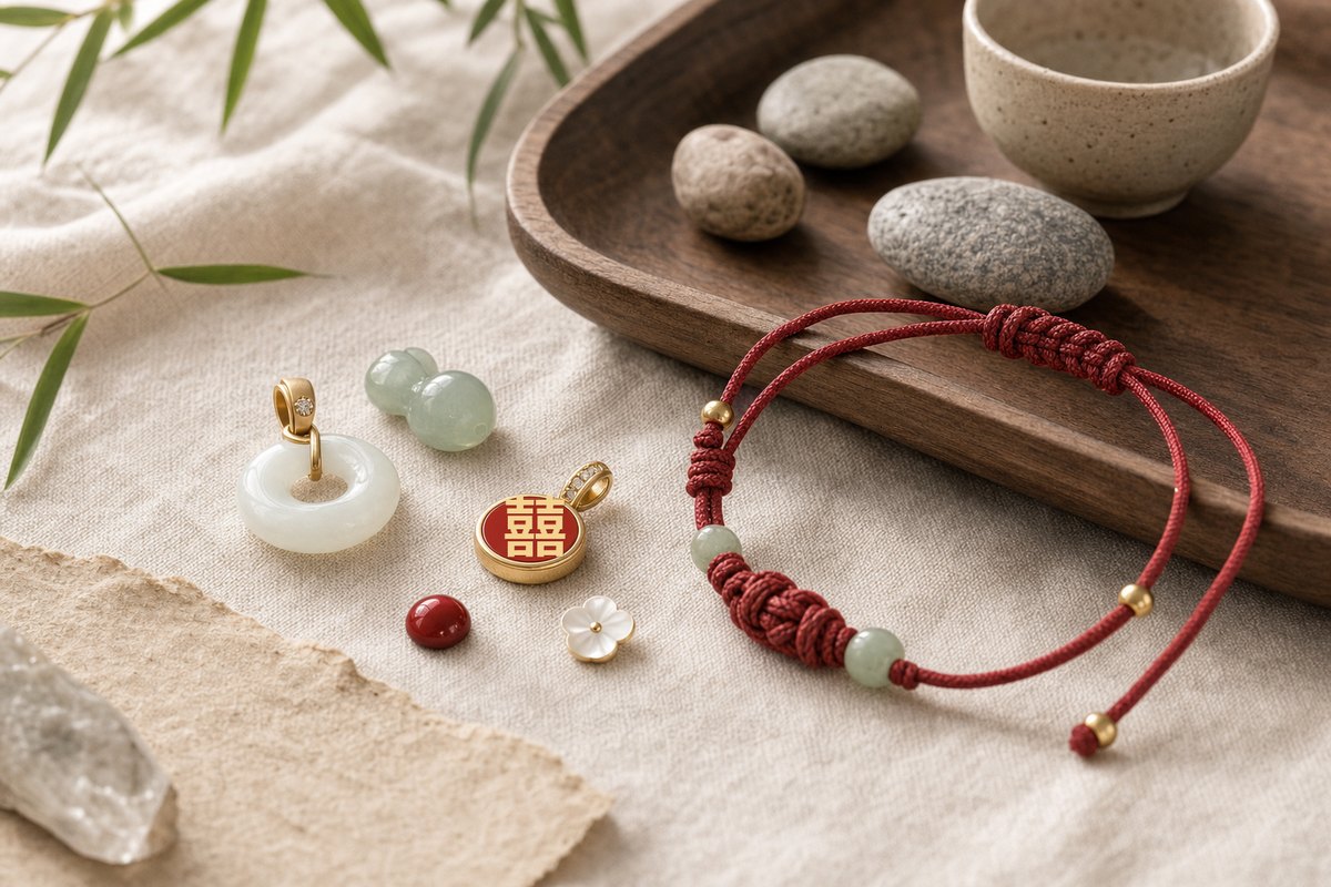 Hetian jade and jadeite pieces with a red-enamel Double Happiness charm, mother-of-pearl accent, and red cord bracelet