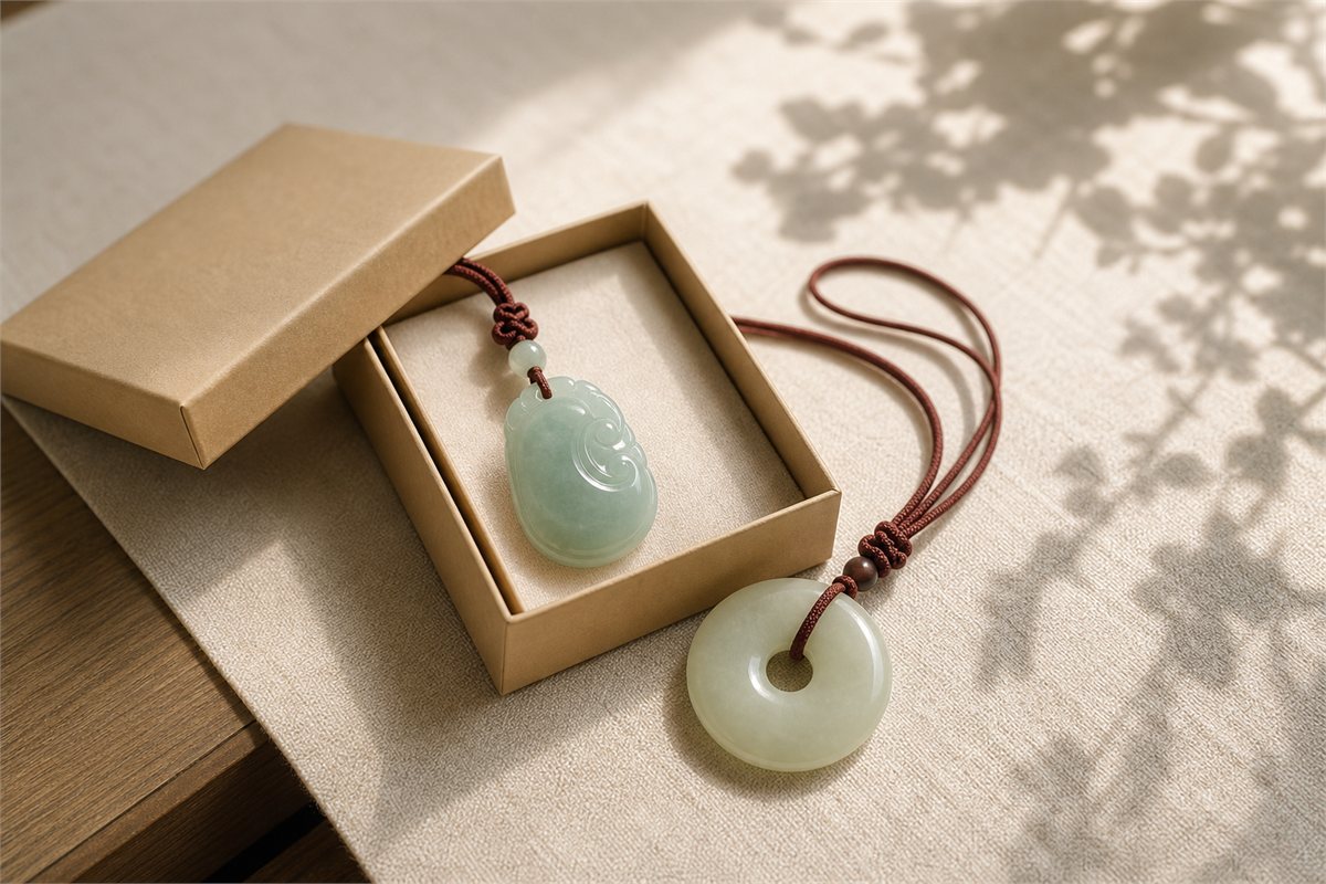 Pale jadeite pendant and creamy nephrite bi-disc arranged with an open gift box and red cords
