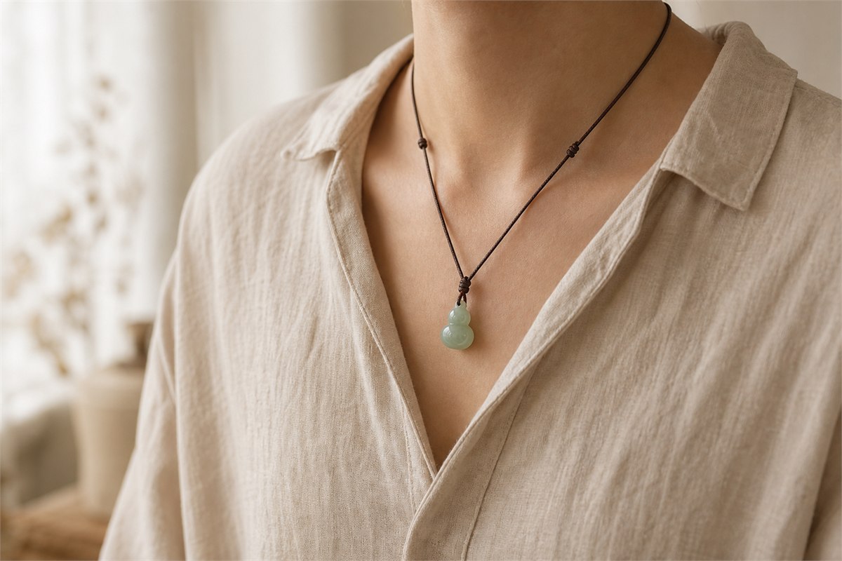Adult wearing a small pale-green jade hulu pendant on a secure dark-brown adjustable cord