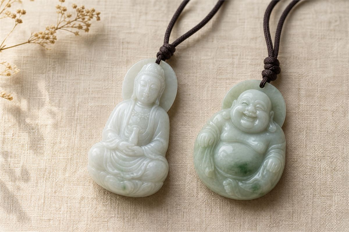 Guanyin and smiling Budai jade pendants displayed side by side on neutral linen