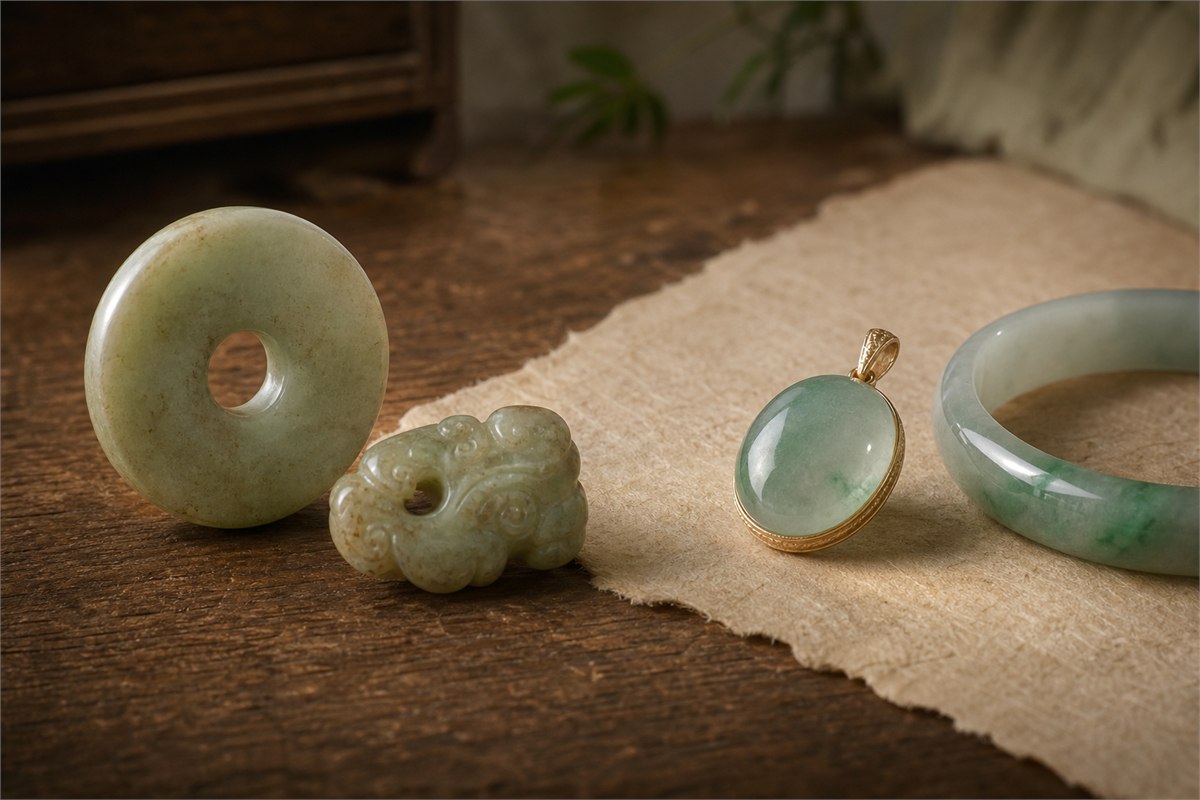 Older-style nephrite bi-disc and carving beside a jadeite pendant and bangle on linen