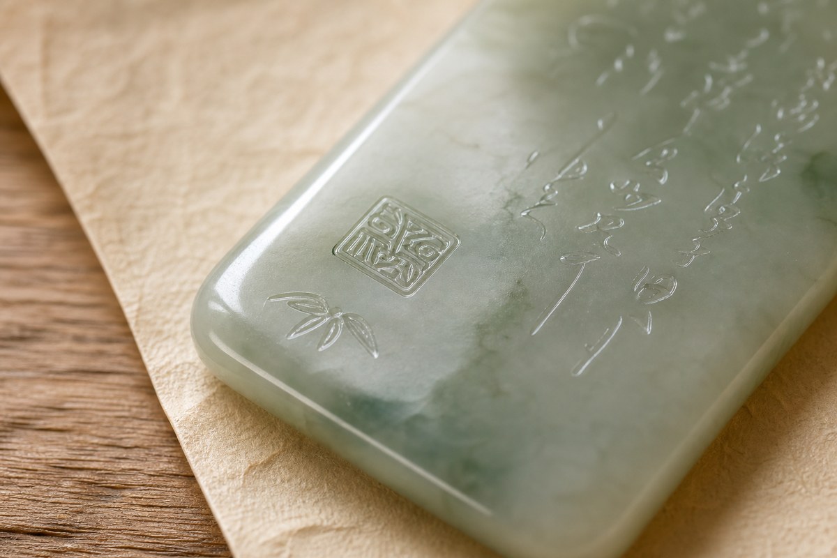 Jade carving inscription and signature detail with abstract incised marks and polished grooves