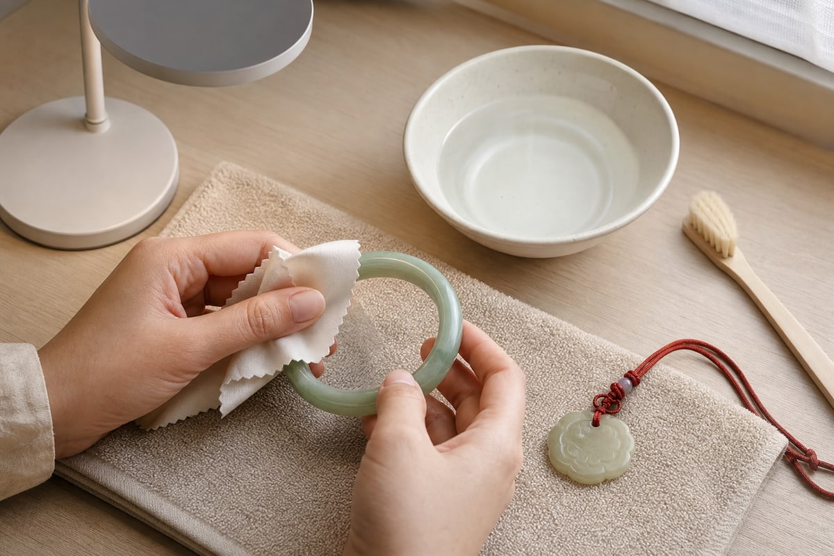 Adult hands wiping a jade bangle beside clean water, a soft brush, and a corded nephrite pendant drying flat