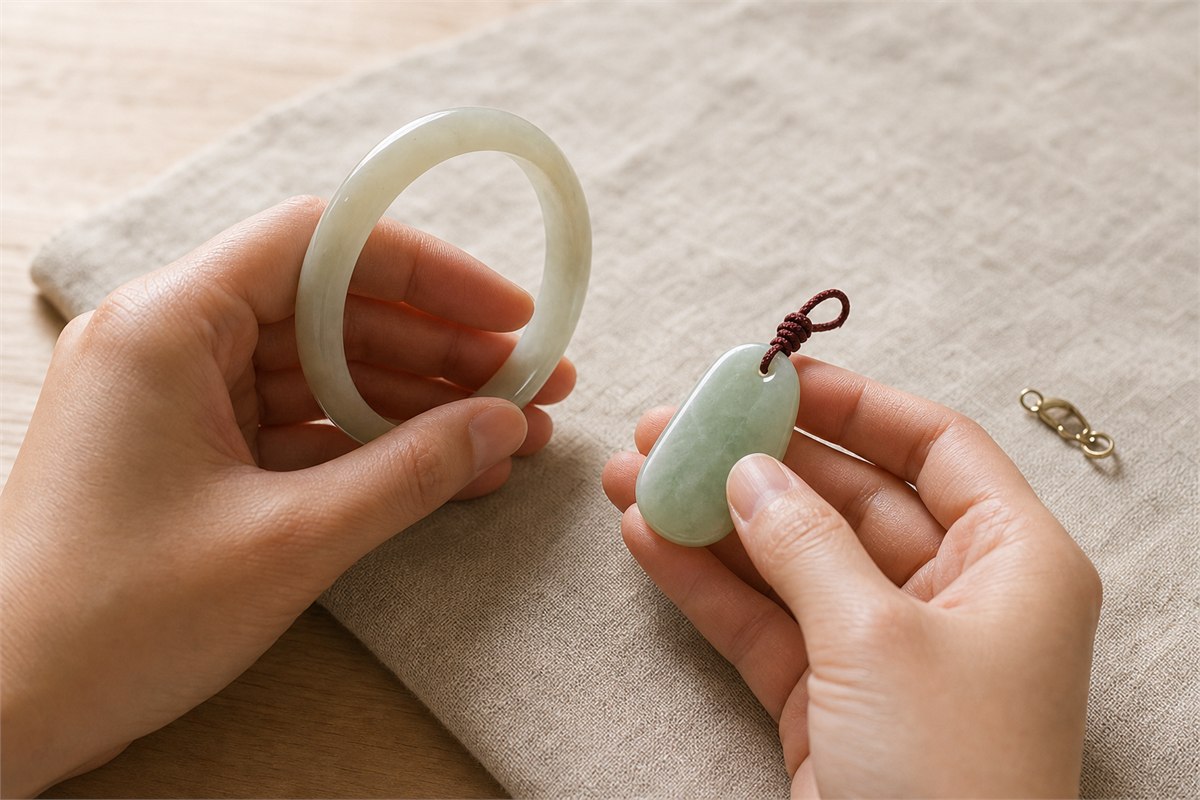 Hands gently holding a nephrite bangle and jadeite pendant to view edges, drill hole, and cord knot