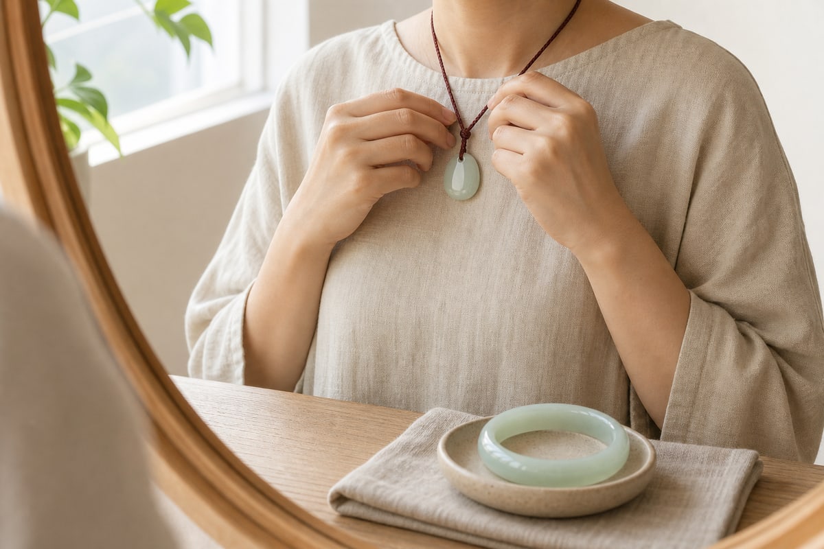 Adult fastening a pale nephrite pendant at a morning dressing table beside a jadeite bangle on a padded dish