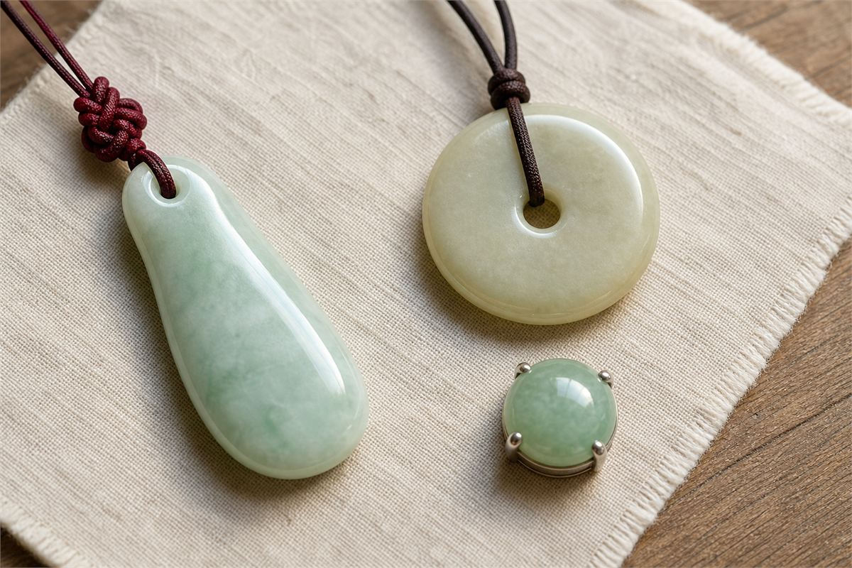 Jadeite and nephrite pendants with visible polished edges, drill holes, cord knots, and a prong-set cabochon