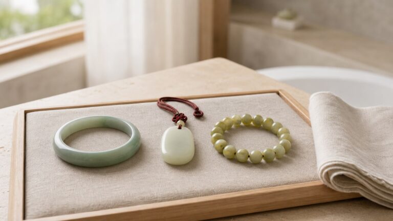 Jadeite bangle, nephrite pendant, and Xiuyan serpentine bead bracelet resting on a padded tray outside a bathroom