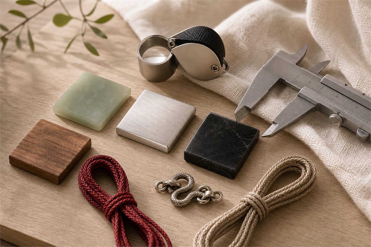 Jade, silver, dark stone, wood, and braided cords beside a loupe, caliper, and snake clasp