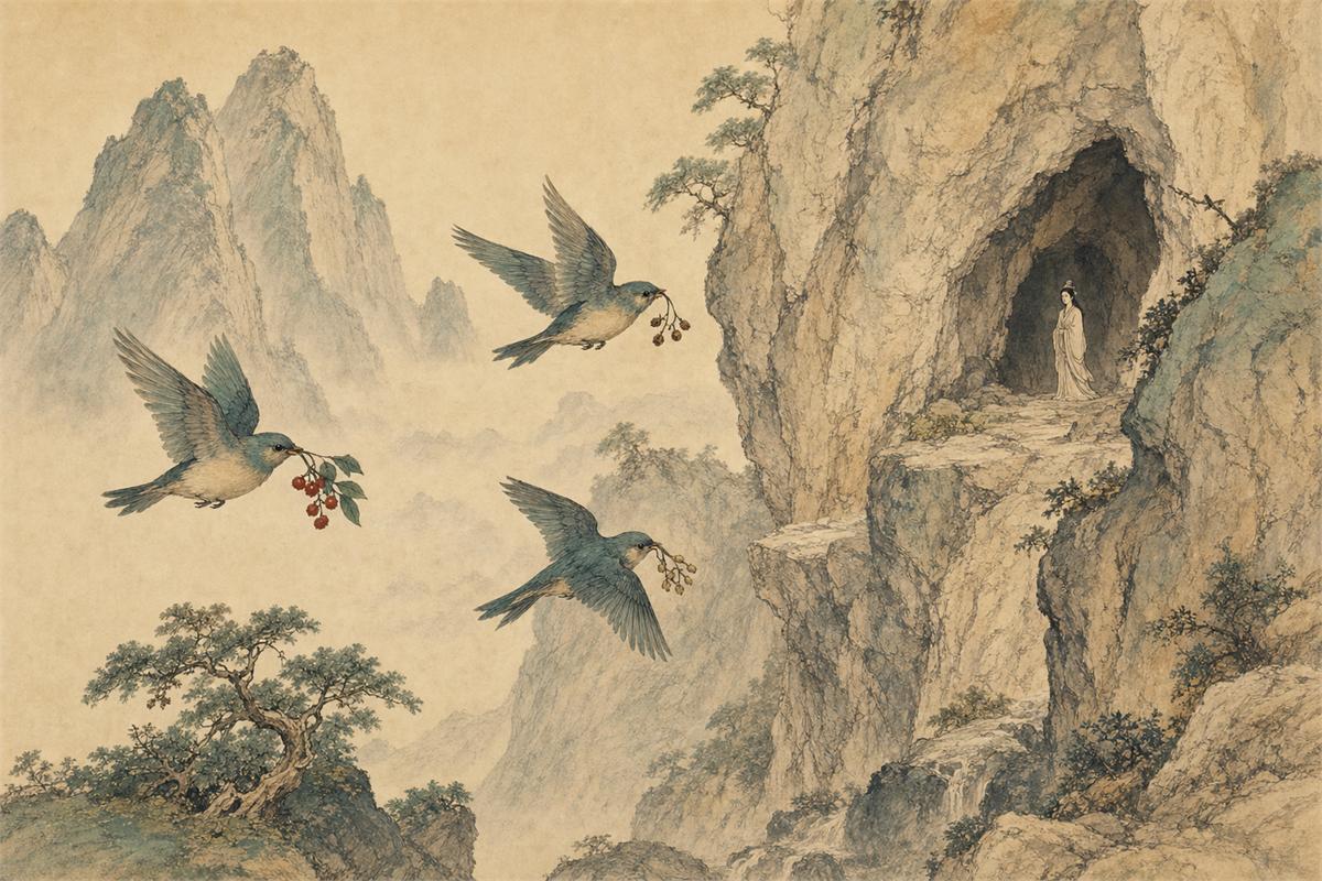 Exactly three small blue-green birds carrying food toward a rocky cave on a mythic mountain