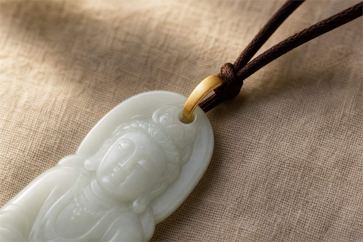 Close view of a jade pendant with a smooth drilled hole, secure bail, and neatly tied cord