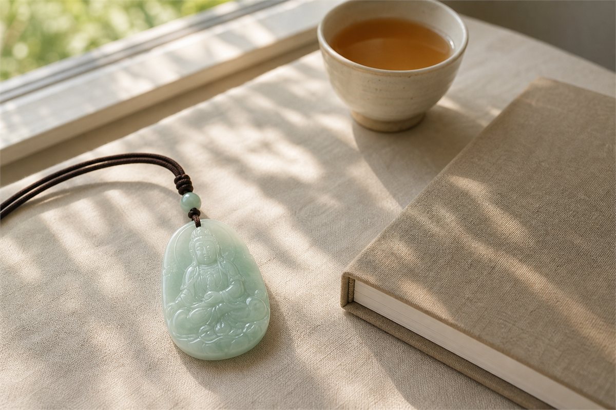 Jade pendant resting beside a closed journal and tea near a sunlit window
