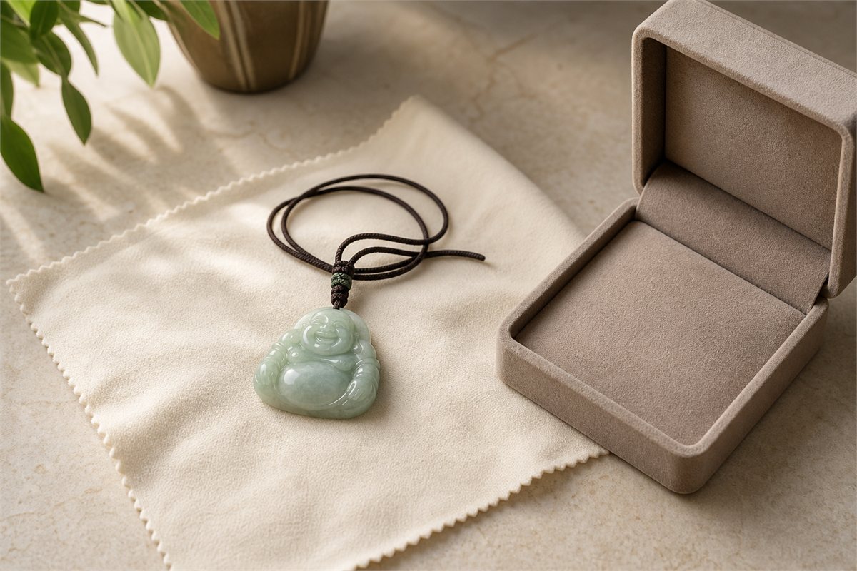 Jade pendant beside a soft cloth and a separate lined storage box