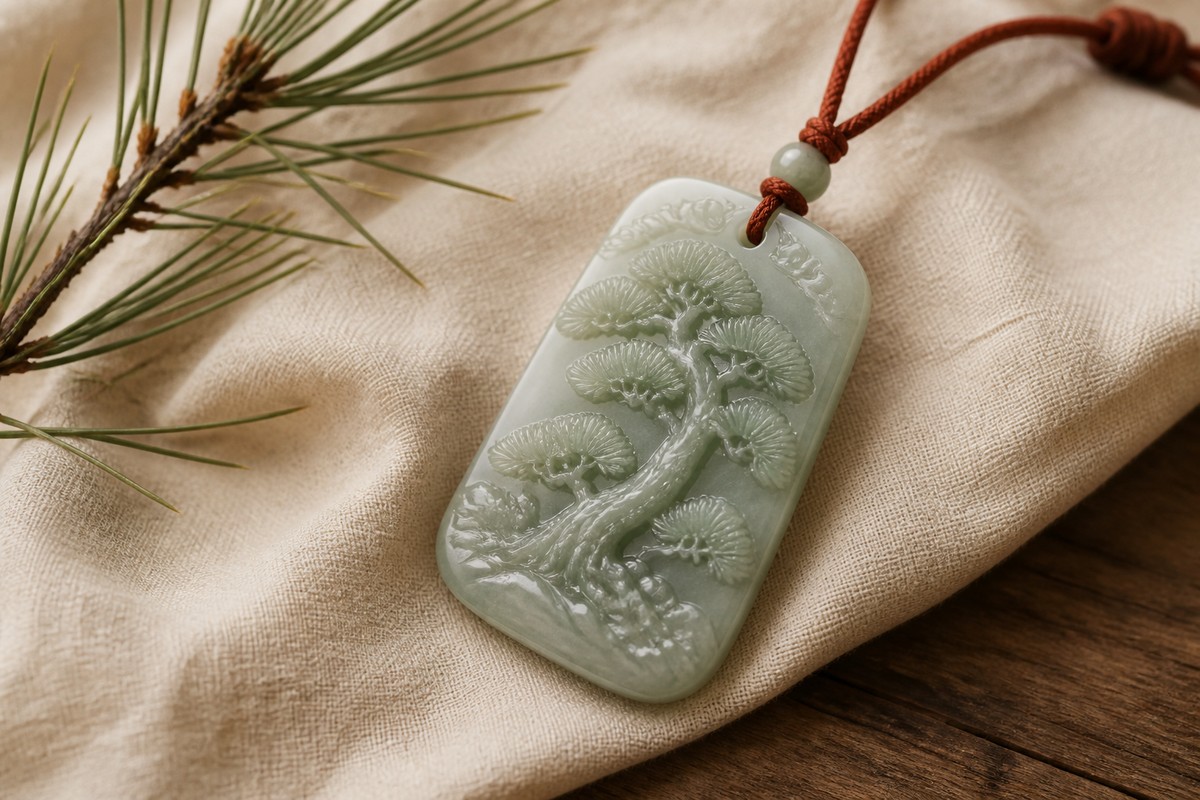 Pale jade pendant carved with a pine tree motif beside a pine twig and cinnabar cord