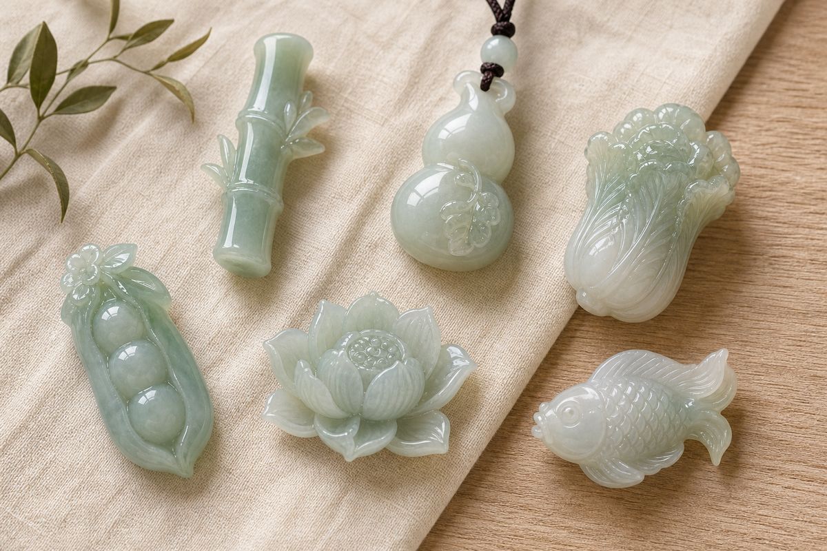 Jade carving motifs of bamboo, gourd, cabbage, four-season bean, lotus, and carp for harvest and blessing meanings