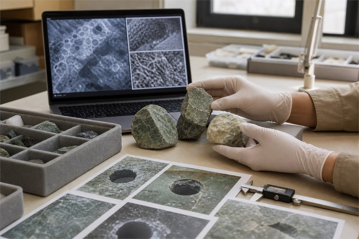 Gloved hands comparing stone samples with microscopy images and archival surface photographs