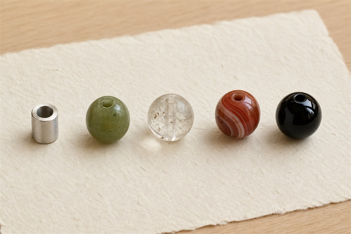 Brushed silver spacer, green jade-like bead, clear quartz, banded agate, and black obsidian samples
