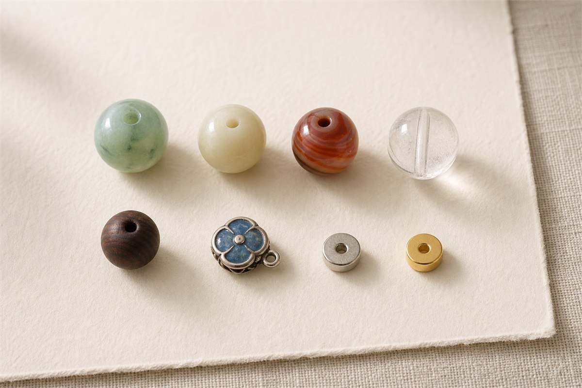 Bracelet components in jade, quartz, wood, enamel, silver-tone metal, and gold-tone metal