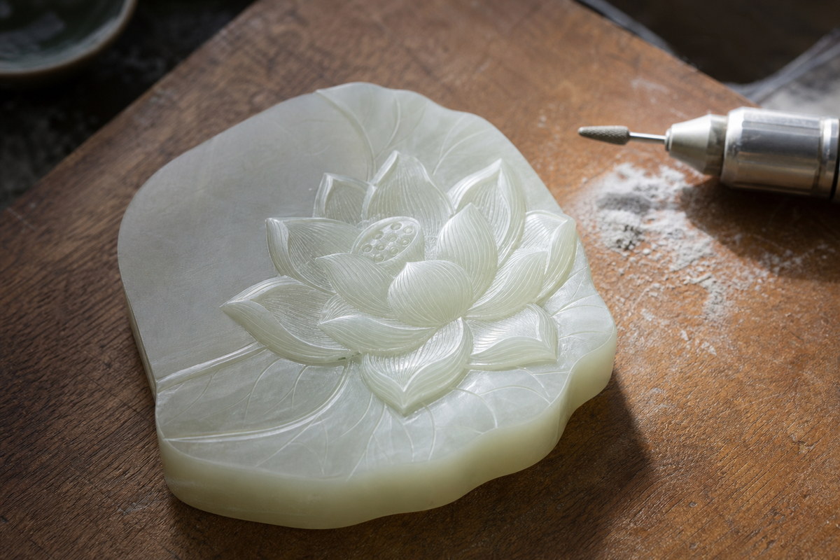 Relief jade carving (浮雕玉雕) in progress with lowered ground around a raised lotus motif