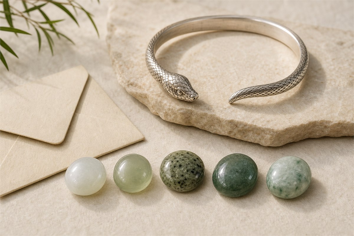 Five distinct polished green material samples beside a silver snake bracelet setting and blank laboratory envelope