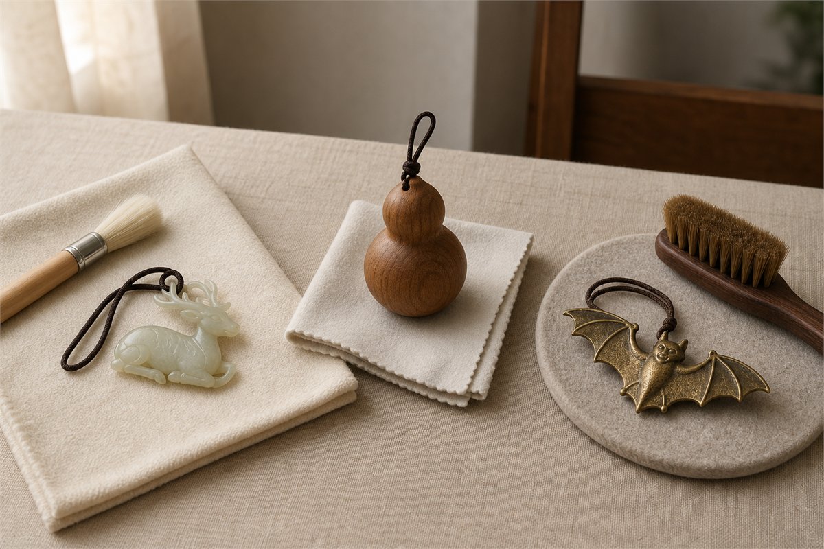 Pale stone deer wooden gourd and brass bat with separate soft care tools