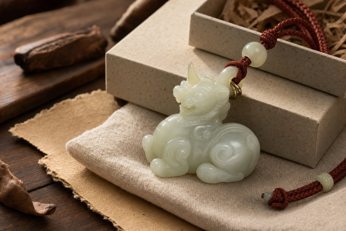 Jade Xiezhi (獬豸) carving detail for justice and upright conduct