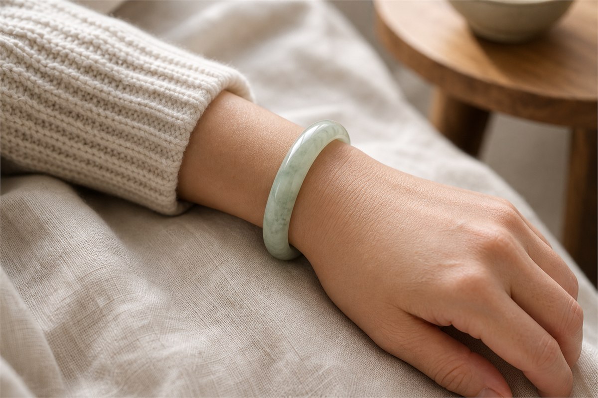 Adult wrist wearing one green jadeite bangle during a calm everyday activity