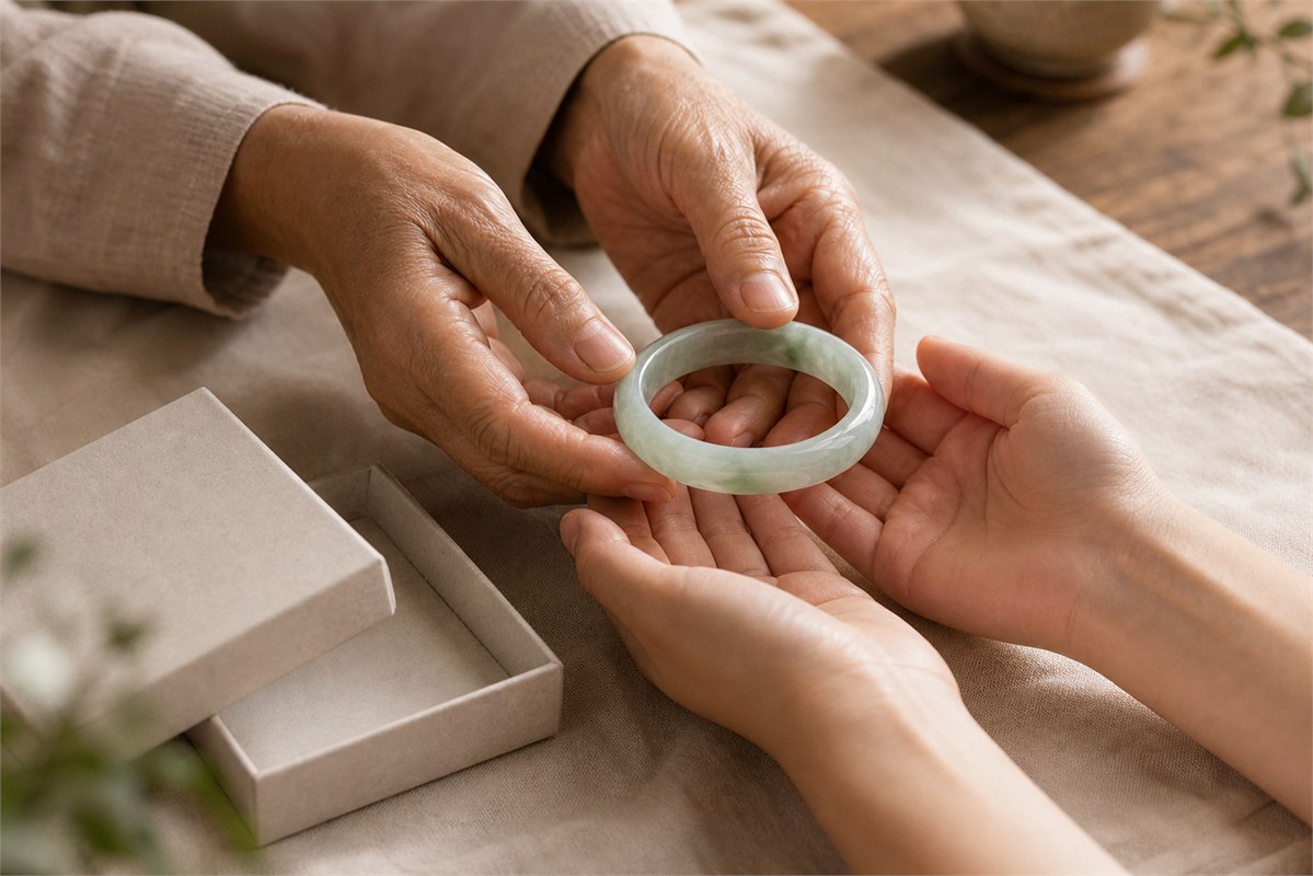 An adult gently passing a green jadeite bangle to another family member