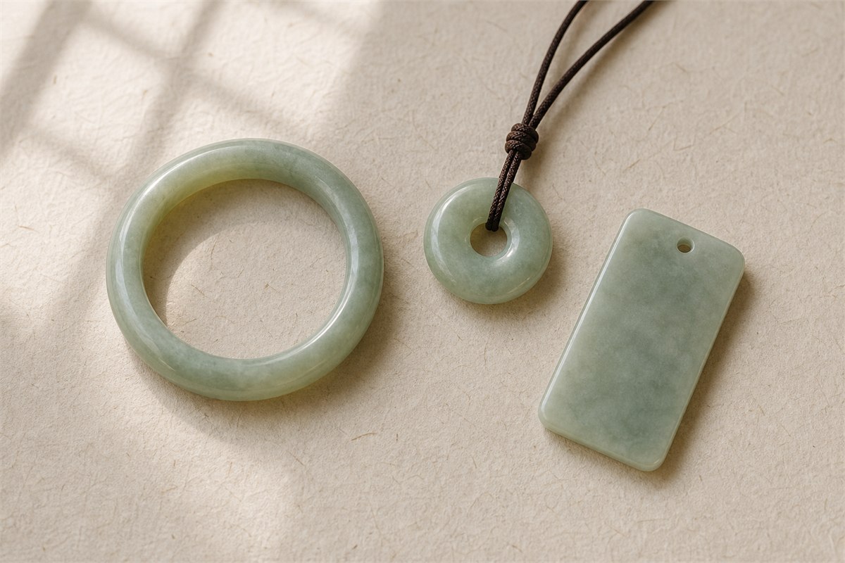 Plain jadeite bangle, circular peace buckle, and uncarved rectangular plaque