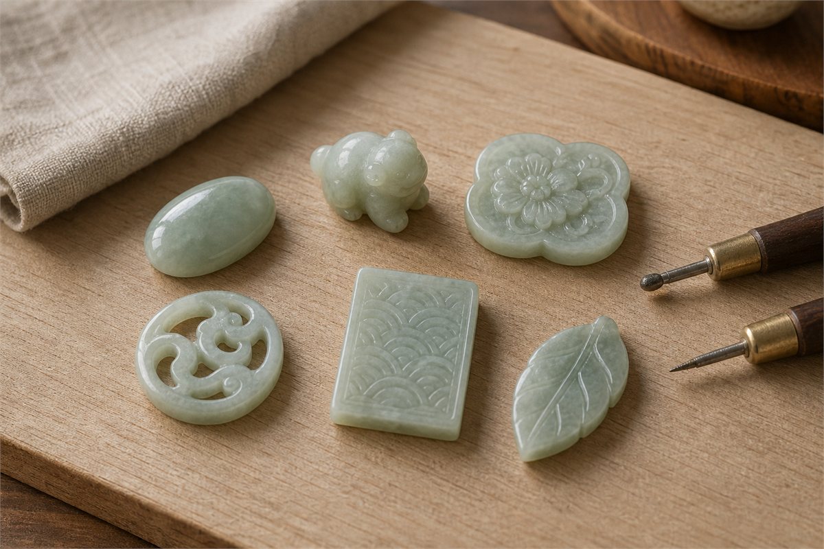 Jadeite forms and carving tools illustrating plain polish, relief, openwork, and incised details