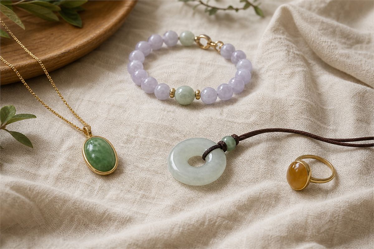 Green, lavender, white, and yellow jadeite jewelry arranged in natural light