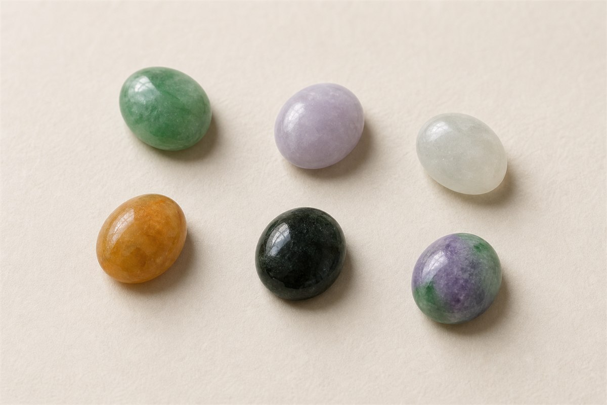 Six jadeite stones in green, lavender, white, yellow, reddish orange, and dark tones