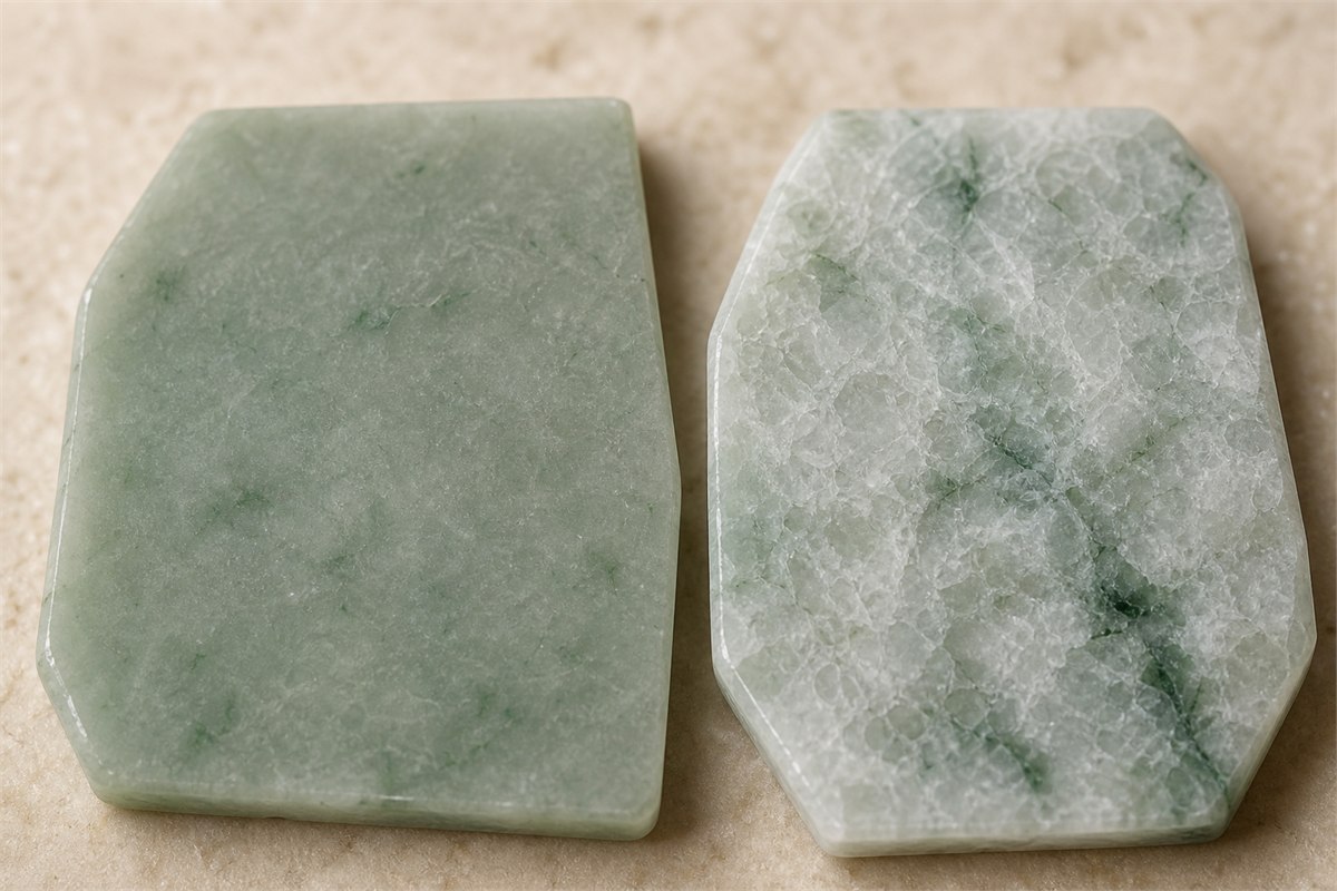 Macro comparison of fine compact jadeite texture and visibly coarser granular jadeite