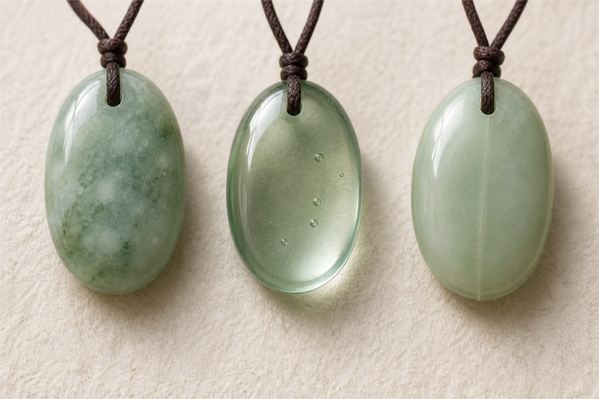 Jadeite, glass with bubbles, and resin with a molded seam shown as screening examples