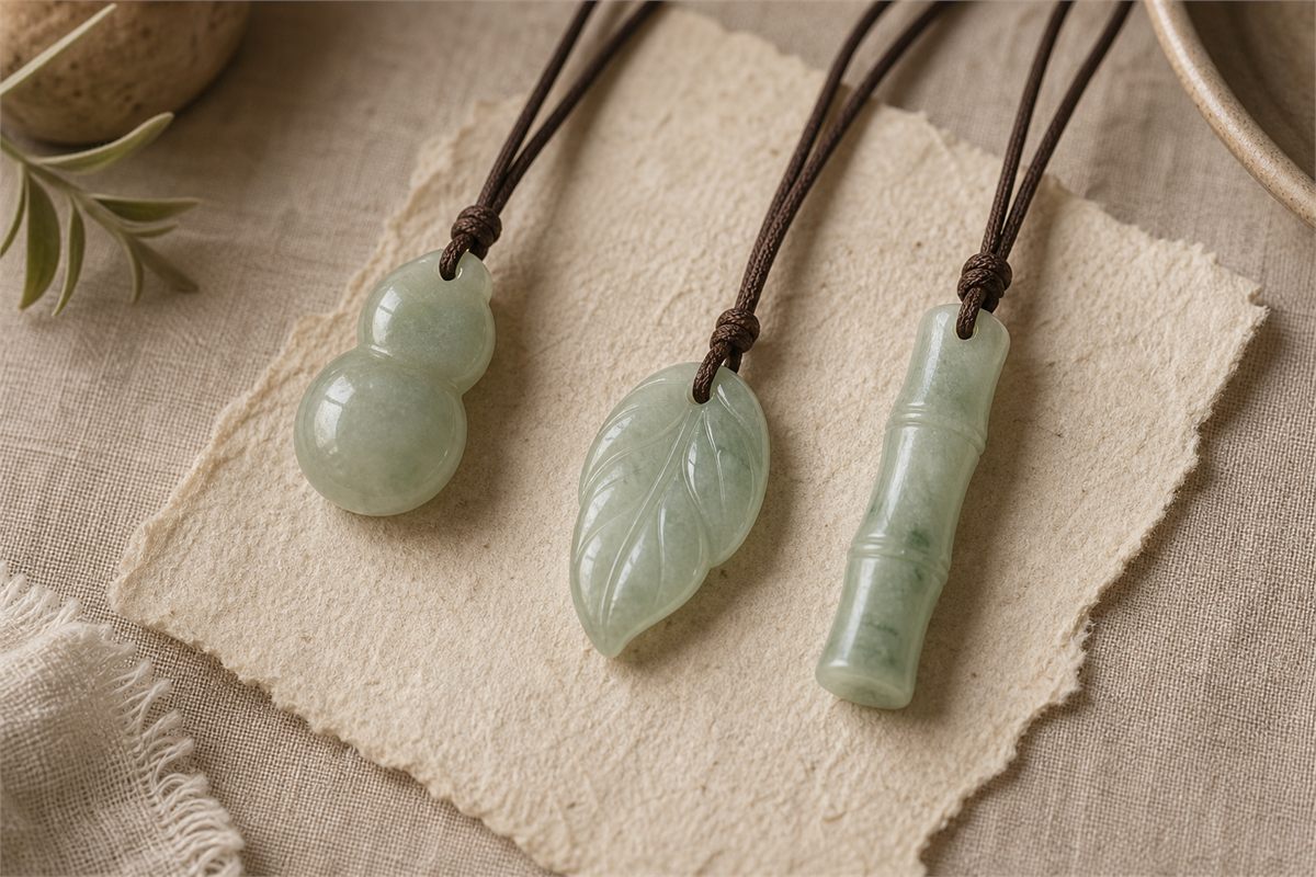 Jadeite carvings shaped as a double gourd, leaf, and bamboo section