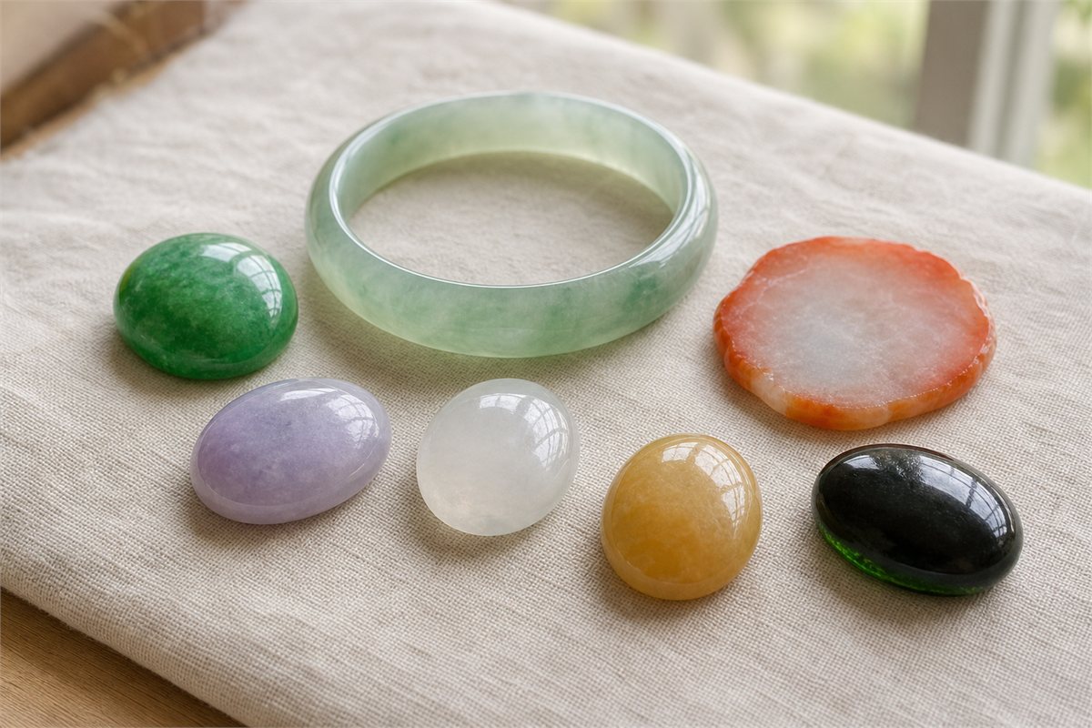 Jadeite bangle and cabochons in green, white, lavender, red-orange, yellow, and dark green-black under natural light