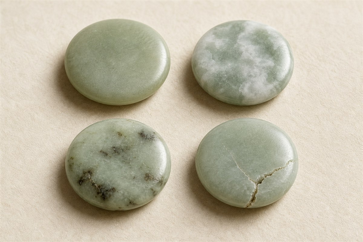 Jadeite samples showing even ground, cloudy areas, dark inclusions, and a visible fracture