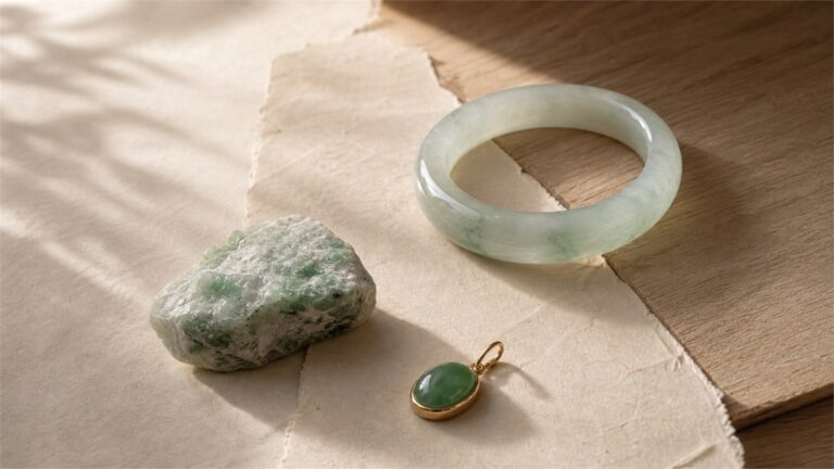 Green jadeite bangle, rough jadeite stone, and polished cabochon in soft natural light