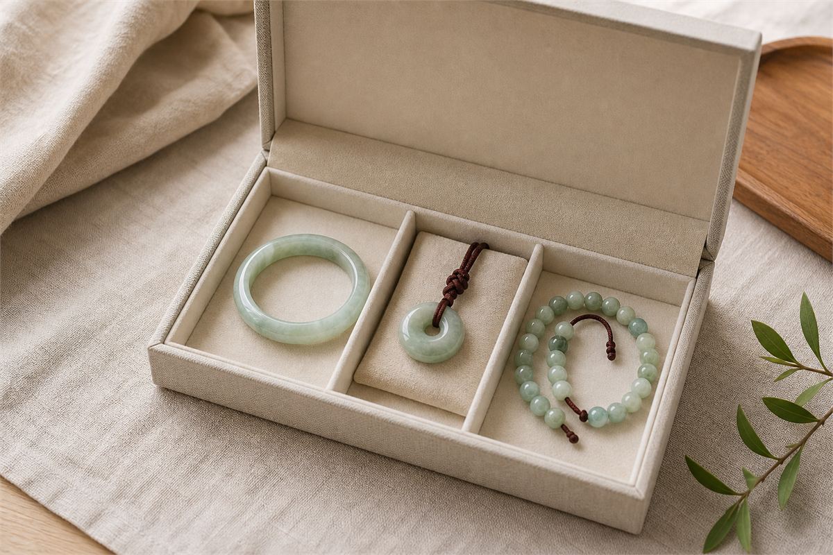 Jadeite bangle, pendant, and ring stored separately in a padded jewelry box