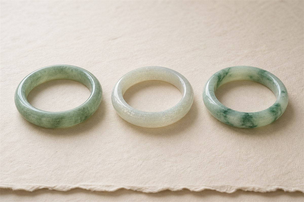 Three green jadeite bangles with different color distribution and surface appearance.