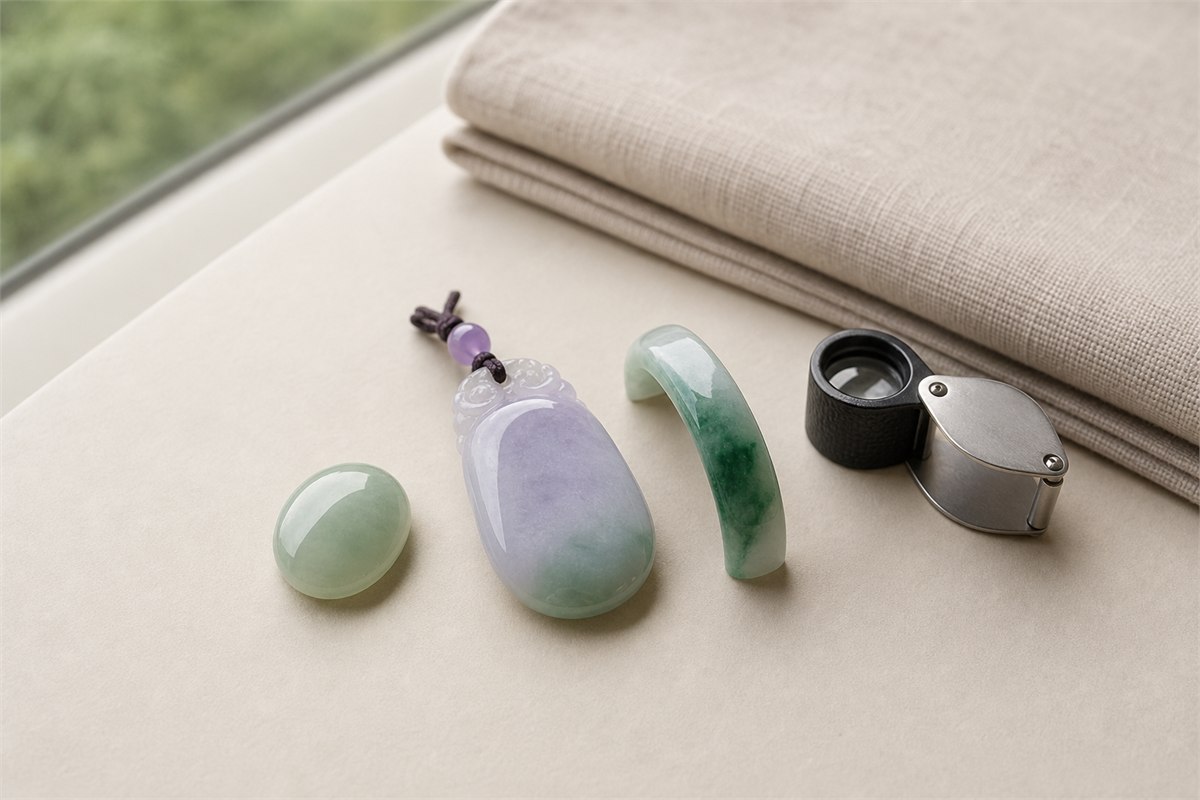Three jadeite pieces viewed beside a window in neutral daylight with a folded loupe nearby