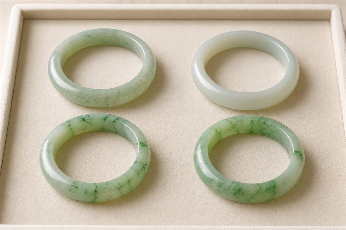Four jadeite bangles visually comparing natural, polymer-impregnated, dyed, and combined treatment appearances
