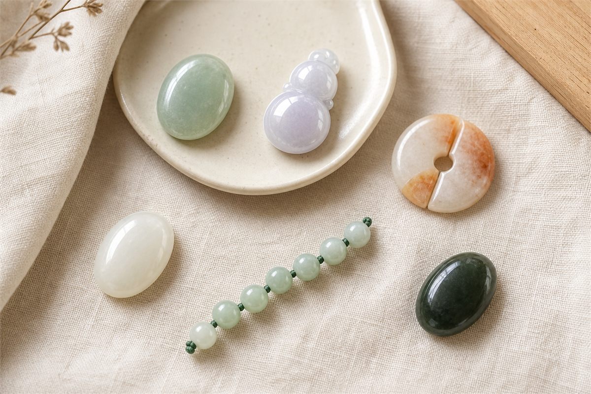 Natural jade pieces in pale green, lavender, orange-white, cream, celadon, and dark green tones