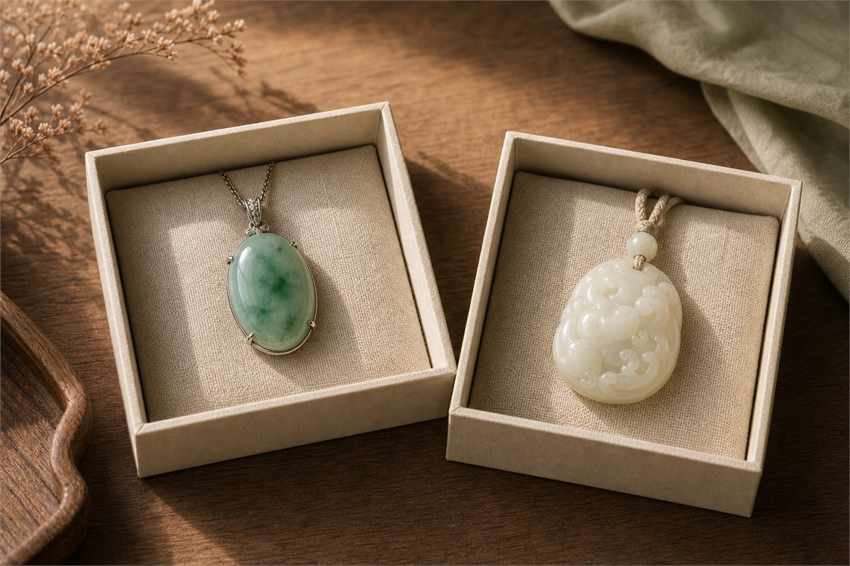 Jadeite pendant and creamy nephrite carving displayed in separate ivory gift trays