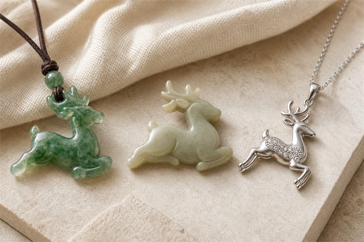 Green jadeite deer, pale nephrite deer, and white-metal deer pendant with small prong-set stones
