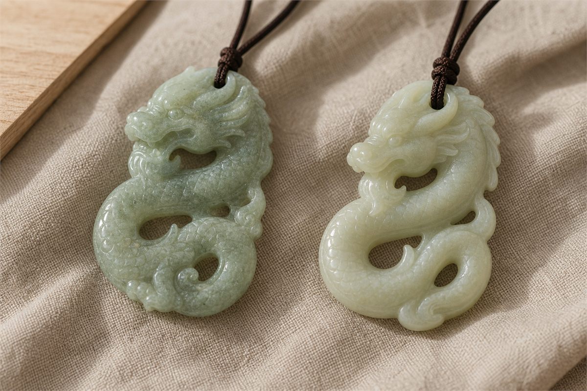 Green jadeite dragon pendant beside a creamy nephrite dragon pendant