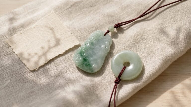 Pale green jadeite pendant and creamy celadon nephrite bi-disc on warm ivory linen